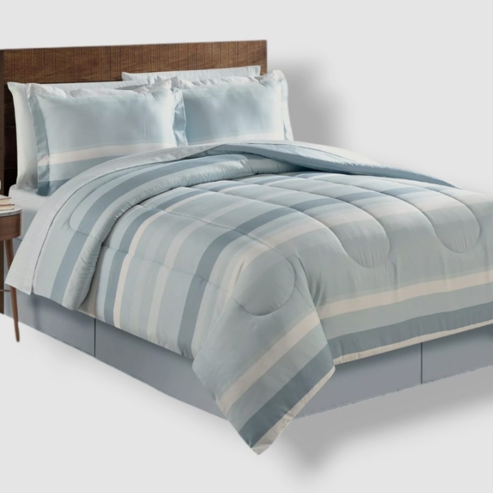 Fairfield Square Queen Austin Stripe/Solid Reversible 8 Pc. Comforter Set-Blue
